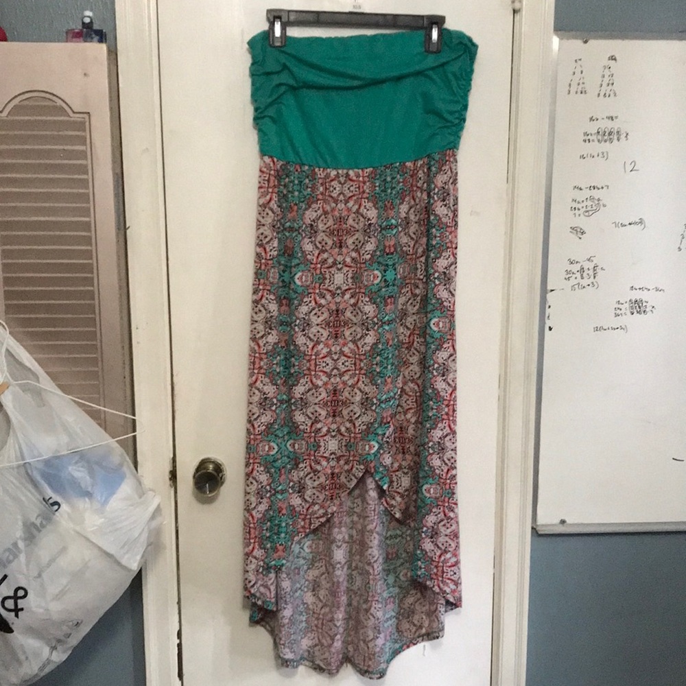 Teal Strapless Dress with Patterns